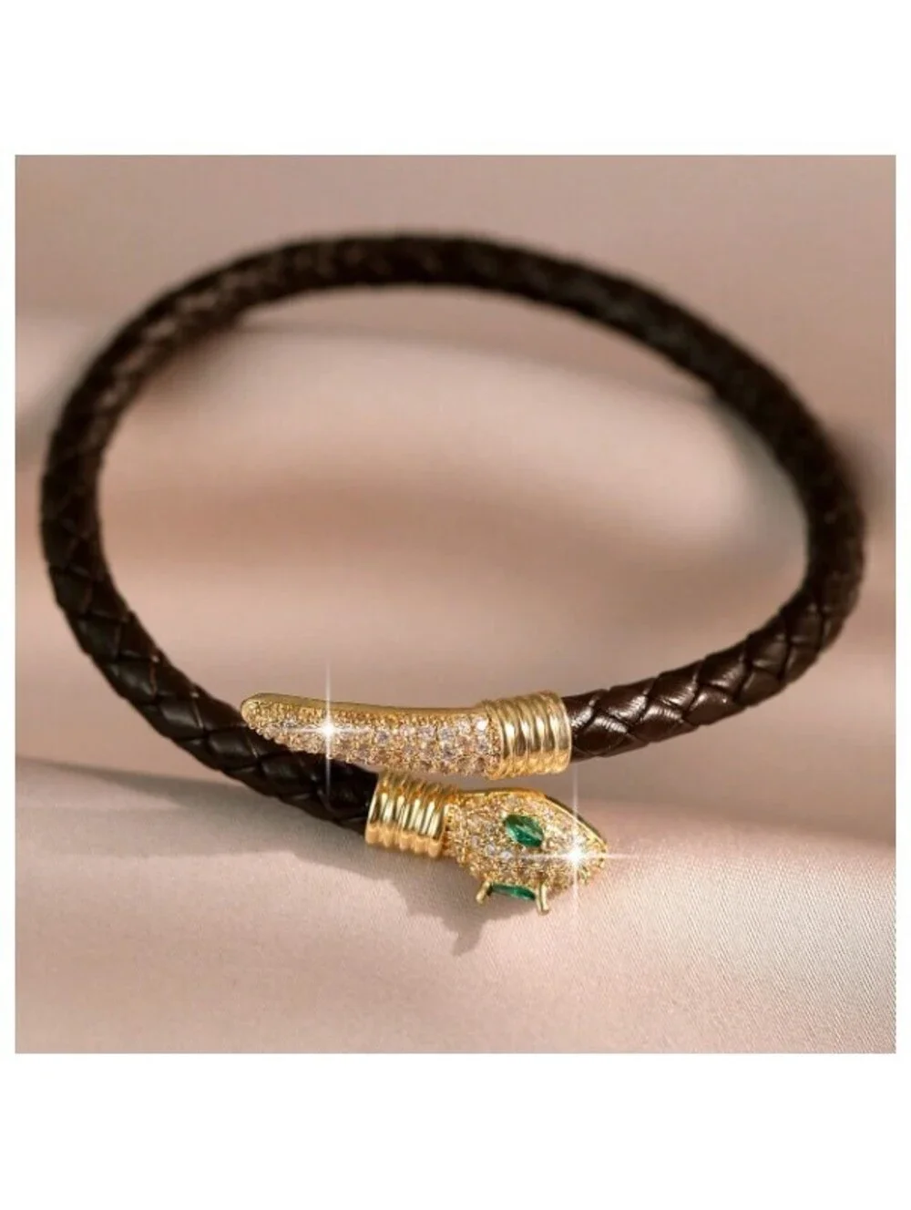 Black leather snake bracelet - Bracelet - Gold - CZs - 7